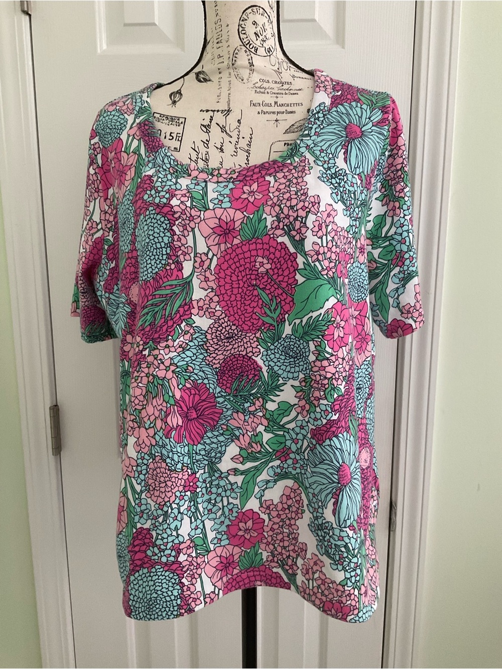 Talbots Pink & Teal Floral Short Sleeve Top